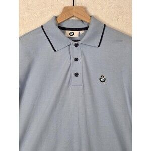 BMW Polo Shirt Mens L Blue Short Sleeve Stretch Knit Logo Casual Motorsport Golf